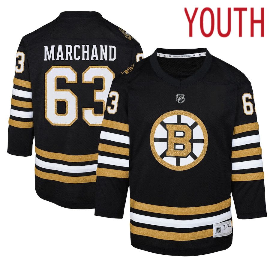 Youth Boston Bruins #63 Brad Marchand Black 100th Anniversary Replica Player NHL Jersey->youth nhl jersey->Youth Jersey